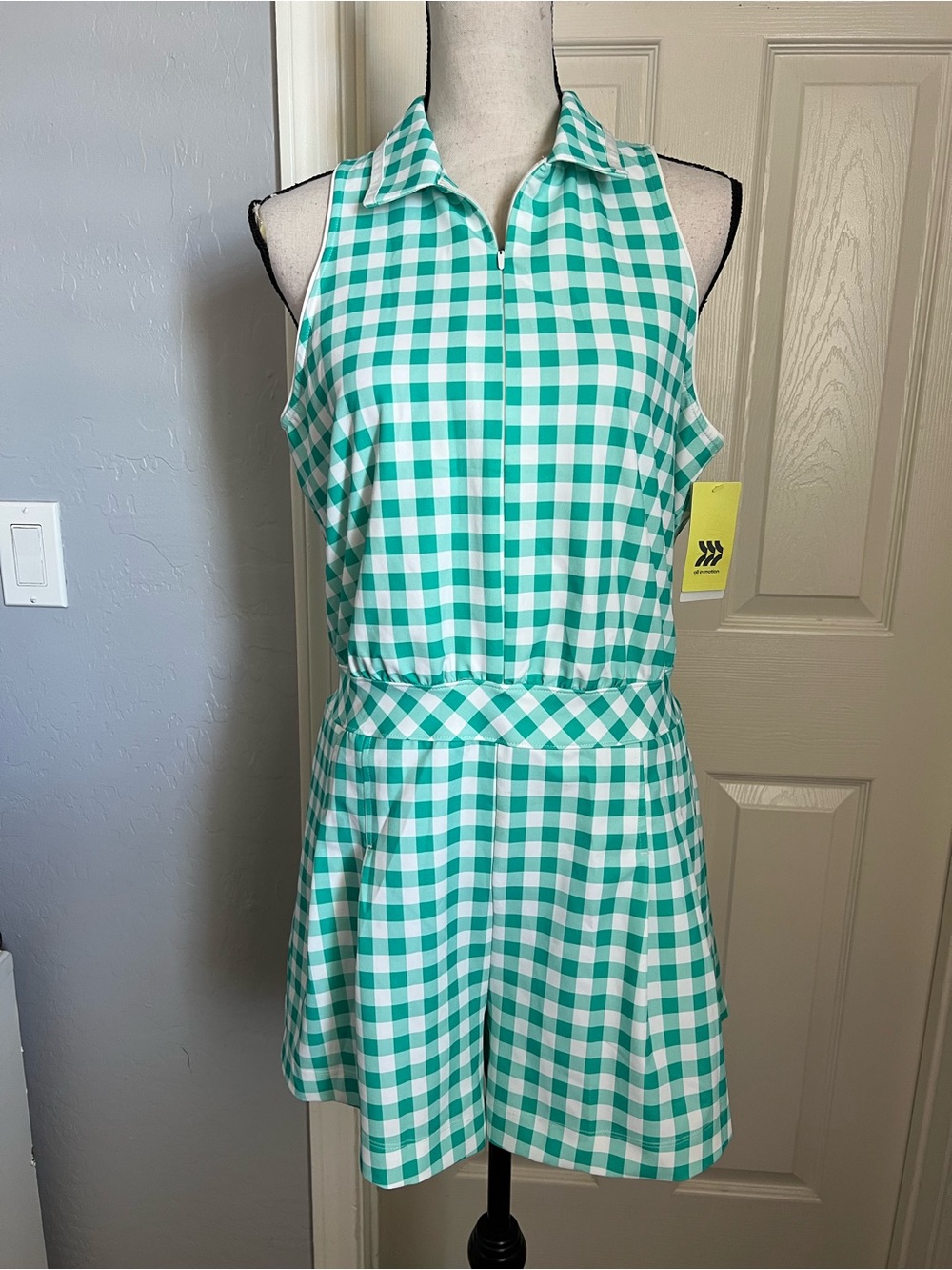 All in Motion Green & White Gingham Sleeveless Collared Active Romper